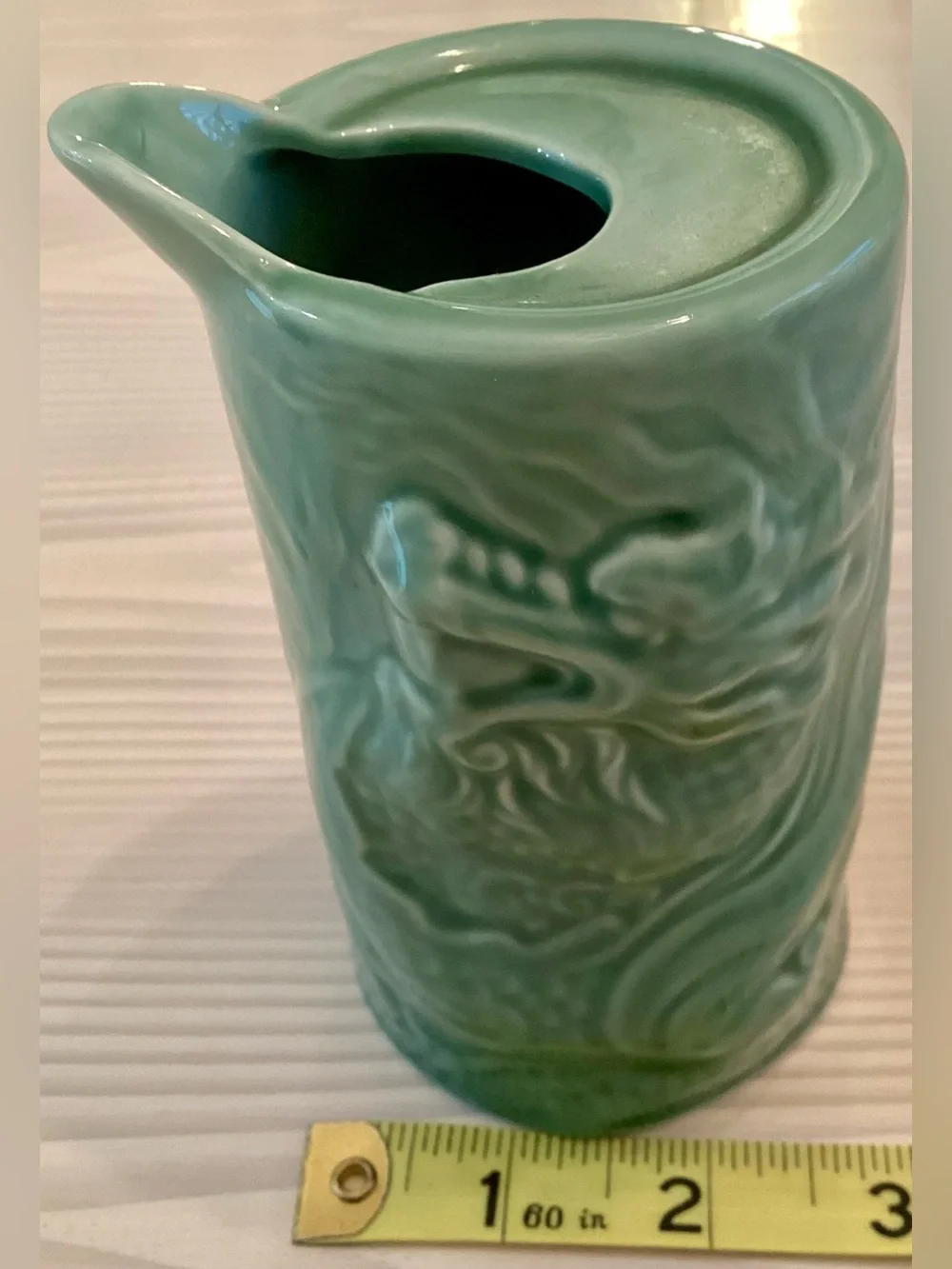 Vintage Japanese Celadon Dragon Vase Brush Pot Ceramic Green 4.5